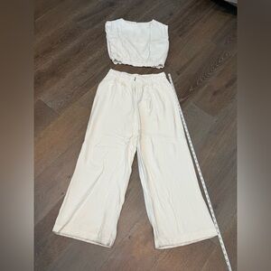 Women's Cream Pants set with crop top size 8 pants with L top